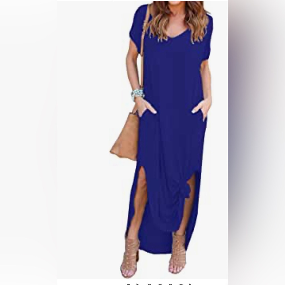 Women's Casual Loose Pocket Long Dress Short Sleeve Split Maxi Dress Size Small
